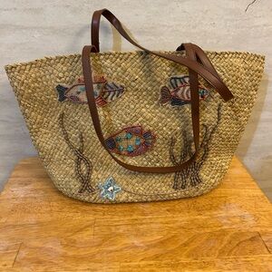 Cappelli Straworld Artisan Woven Tote with Fish Embroidery